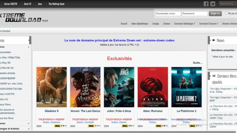 Extreme Down offre gratuitement des films et séries.